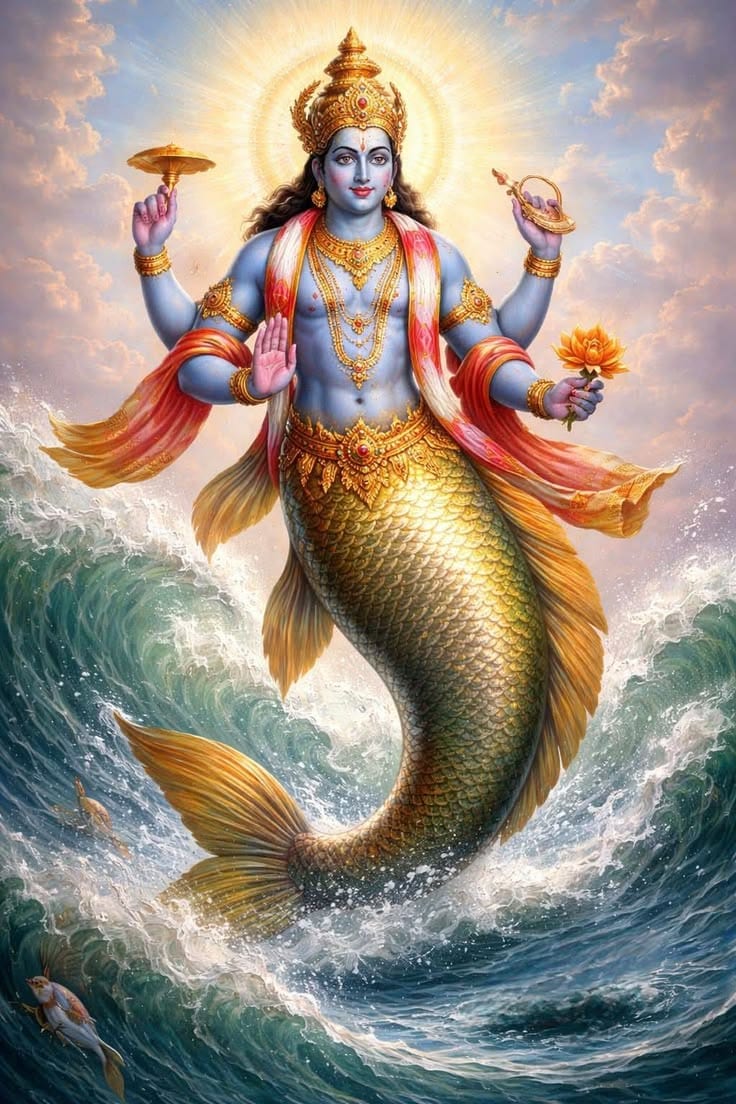 2. Matsya (The Fish Avatar)The first avatar, Matsya, appeared as a giant fish. According to legend, he warned King Manu about an impending flood and guided his boat to safety. Matsya also rescued the sacred Vedas from a demon, preserving divine knowledge for humanity.