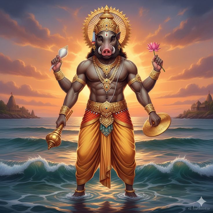 4. Varaha (The Boar Avatar)Varaha appeared as a mighty boar to rescue the Earth, personified as Bhudevi, after the demon Hiranyaksha dragged her into the cosmic ocean. Varaha defeated the demon and lifted the Earth back to safety on his tusks.
