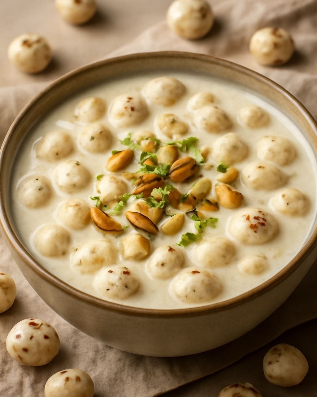 5. Makhana Kheer A lighter dessert option for summer evenings. Roast makhana, lightly crush it, and cook in milk with cardamom, dates or jaggery, and chopped nuts. Chill before serving.