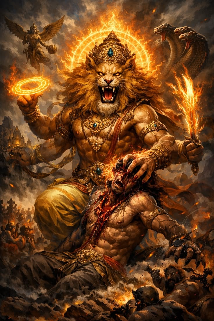 5. Narasimha (The Half-Man, Half-Lion Avatar)One of Vishnu’s most dramatic incarnations, Narasimha emerged to protect the child devotee Prahlada. He killed the tyrant Hiranyakashipu in a form that was neither man nor beast, fulfilling a divine prophecy.