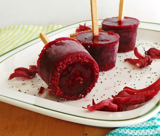 Iced Hibiscus Tea Granita: Freeze brewed hibiscus tea in a shallow pan and scrape it with a fork every thirty minutes. The result is a light, flaky shaved ice that is tart and floral. Hibiscus is known for supporting healthy blood pressure and hydration.