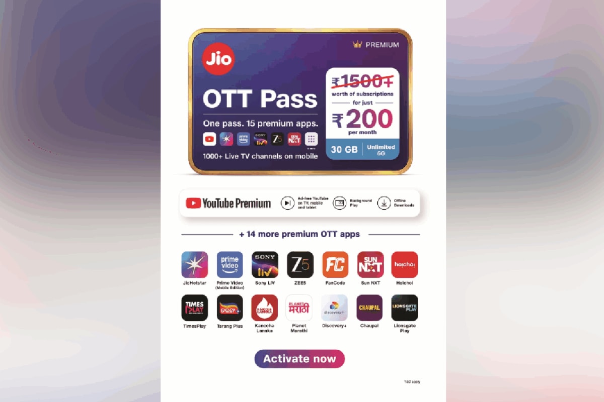 Jio Launches ₹200 OTT Pass With 15 Streaming Apps, Live TV And 30 GB Data
