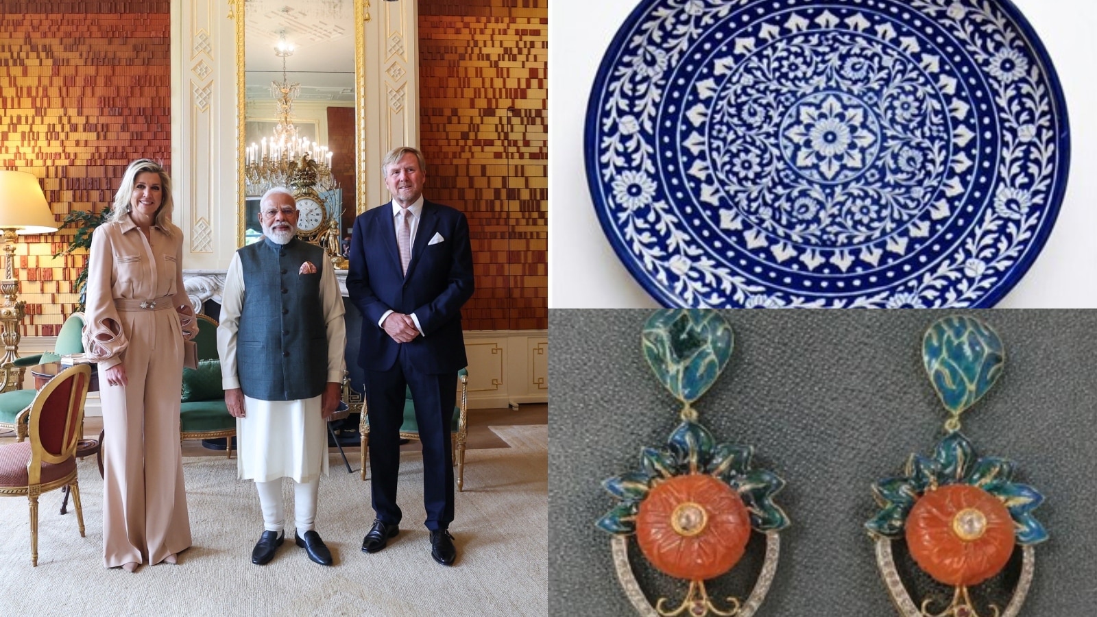 King Willem-Alexander and Queen Máxima of the Netherlands were honored with Jaipur’s iconic blue pottery and exquisite Meenakari and Kundan earrings. These treasures marked the second major inclusion of Rajasthani craftsmanship in the Prime Minister's diplomatic gift set, showcasing the desert state’s vibrant artistic legacy and timeless elegance to the Dutch royals. King Willem-Alexander and Queen Máxima of the Netherlands were honored with Jaipur’s iconic blue pottery and exquisite Meenakari and Kundan earrings. These treasures marked the second major inclusion of Rajasthani craftsmanship in the Prime Minister's diplomatic gift set, showcasing the desert state’s vibrant artistic legacy and timeless elegance to the Dutch royals.