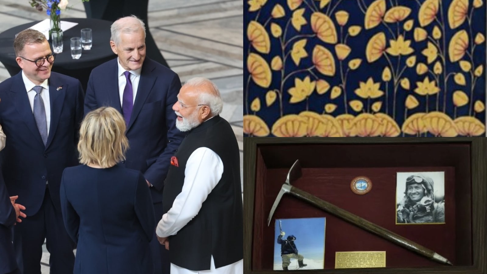 Expanding the cultural showcase at the India-Nordic Summit, PM Modi presented unique artifacts to the leaders of Finland, Iceland, and Denmark. Finnish PM Petteri Orpo received a vibrant Kamal Talai Pichwai painting from Rajasthan, while Icelandic PM Kristrún Frostadóttir was honored with a replica of Tenzing Norgay’s historic ice axe. Meanwhile, Danish PM Mette Frederiksen received an elegant Bidri silver work vase, representing the masterful metalwork of the Deccan region. Expanding the cultural showcase at the India-Nordic Summit, PM Modi presented unique artifacts to the leaders of Finland, Iceland, and Denmark. Finnish PM Petteri Orpo received a vibrant Kamal Talai Pichwai painting from Rajasthan, while Icelandic PM Kristrún Frostadóttir was honored with a replica of Tenzing Norgay’s historic ice axe. Meanwhile, Danish PM Mette Frederiksen received an elegant Bidri silver work vase, representing the masterful metalwork of the Deccan region.