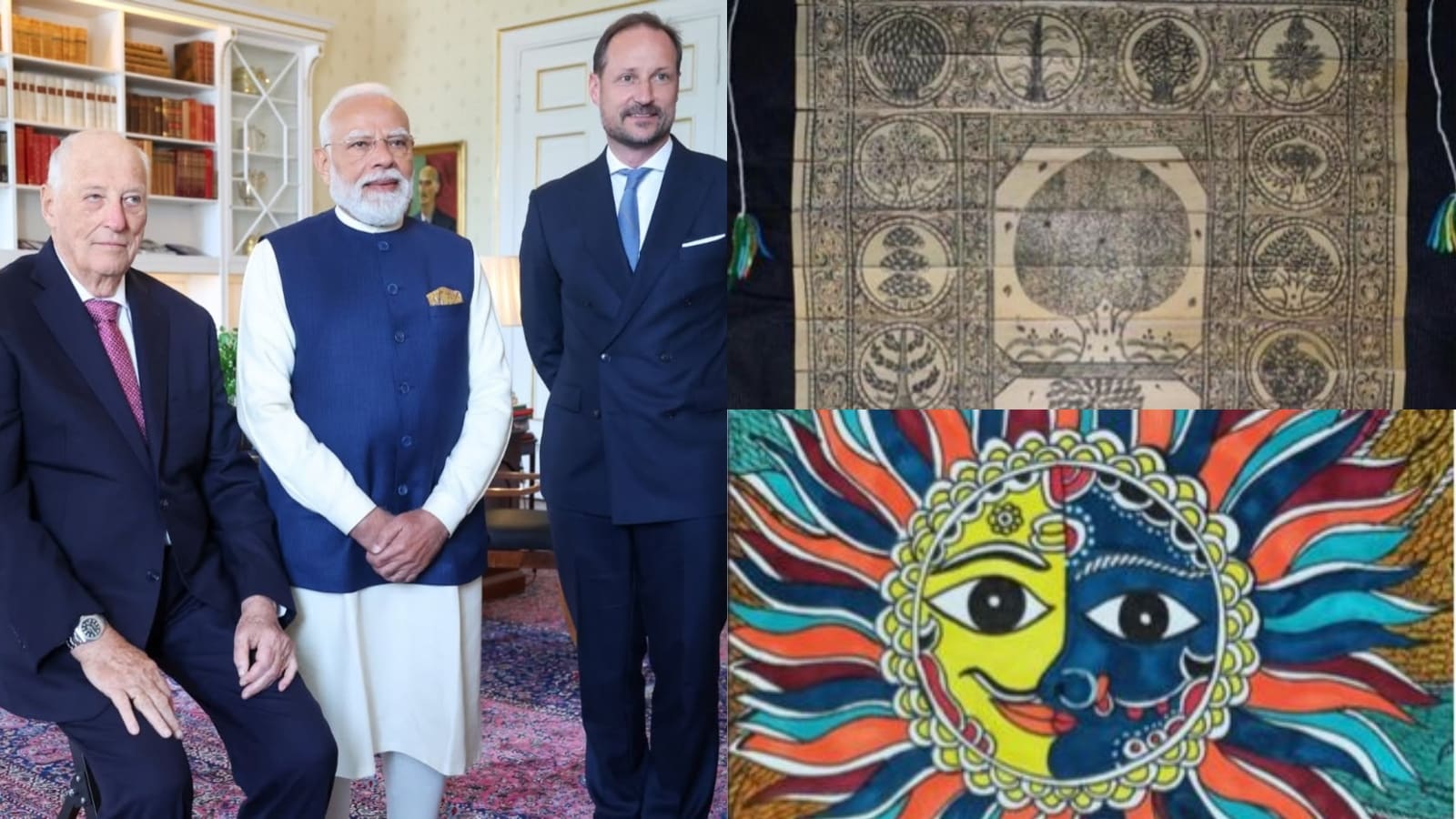 PM Modi presented handcrafted Indian masterpieces to Norway’s leadership. Prime Minister Jonas Gahr Støre received delicate Sikkim orchid paintings, while Crown Prince Haakon was gifted a Kalamkari work featuring celestial motifs. For Queen Sonja, an intricate Odia Palm Leaf Pattachitra showcased India’s ancient artistry, highlighting the nation’s diverse craftsmanship on the global stage. PM Modi presented handcrafted Indian masterpieces to Norway’s leadership. Prime Minister Jonas Gahr Støre received delicate Sikkim orchid paintings, while Crown Prince Haakon was gifted a Kalamkari work featuring celestial motifs. For Queen Sonja, an intricate Odia Palm Leaf Pattachitra showcased India’s ancient artistry, highlighting the nation’s diverse craftsmanship on the global stage.