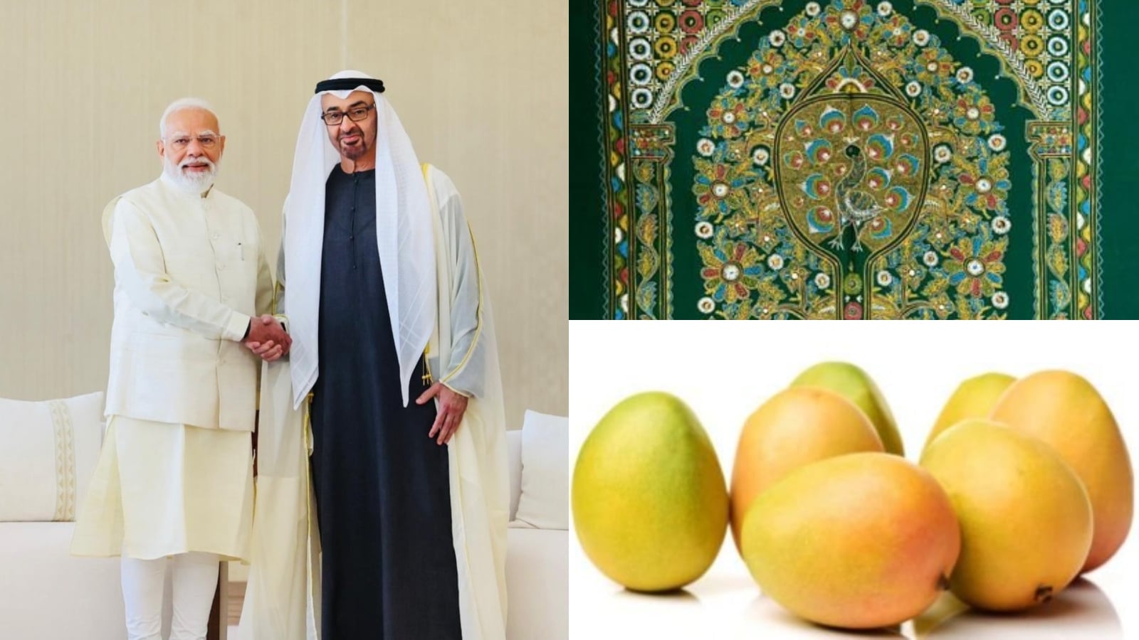 PM Modi gifted President Sheikh Mohamed bin Zayed AI Nahyan a Rogan painting from Gujarat, along with Kesar Mangoes and Meghalaya Pineapples. PM Modi gifted President Sheikh Mohamed bin Zayed AI Nahyan a Rogan painting from Gujarat, along with Kesar Mangoes and Meghalaya Pineapples.