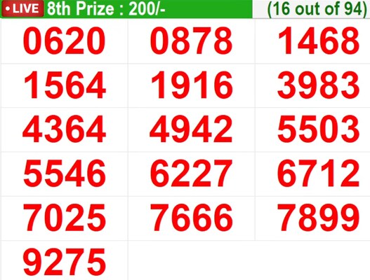  In progress – Winning numbers for 8th prize (16 out of 94)