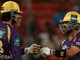 Kolkata Knight Riders'captain Ajinkya Rahane, right, and Angkrish Raghuvanshi, encourage each other as they bat during the Indian Premier League cricket match between Sunrisers Hyderabad and Kolkata Knight Riders in Hyderabad, India, Sunday, May 3, 2026. (AP Photo/Mahesh Kumar A.)