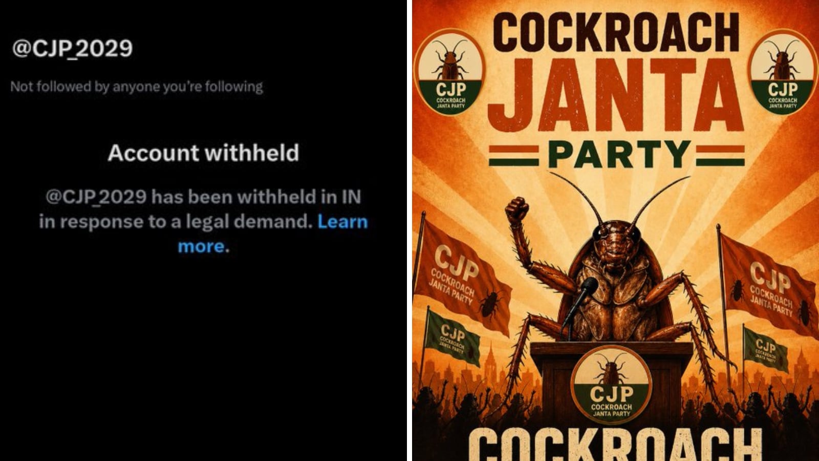 Screenshot of Cockroach Janata Party's X account getting banned in India and announcing the new handle. (Source: X)