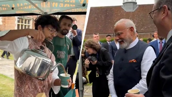  Indian origin, Akhil Patel of Amala Chai serves freshly brewed tea to PM Modi and UK PM Starmer, celebrating Indian chai culture.