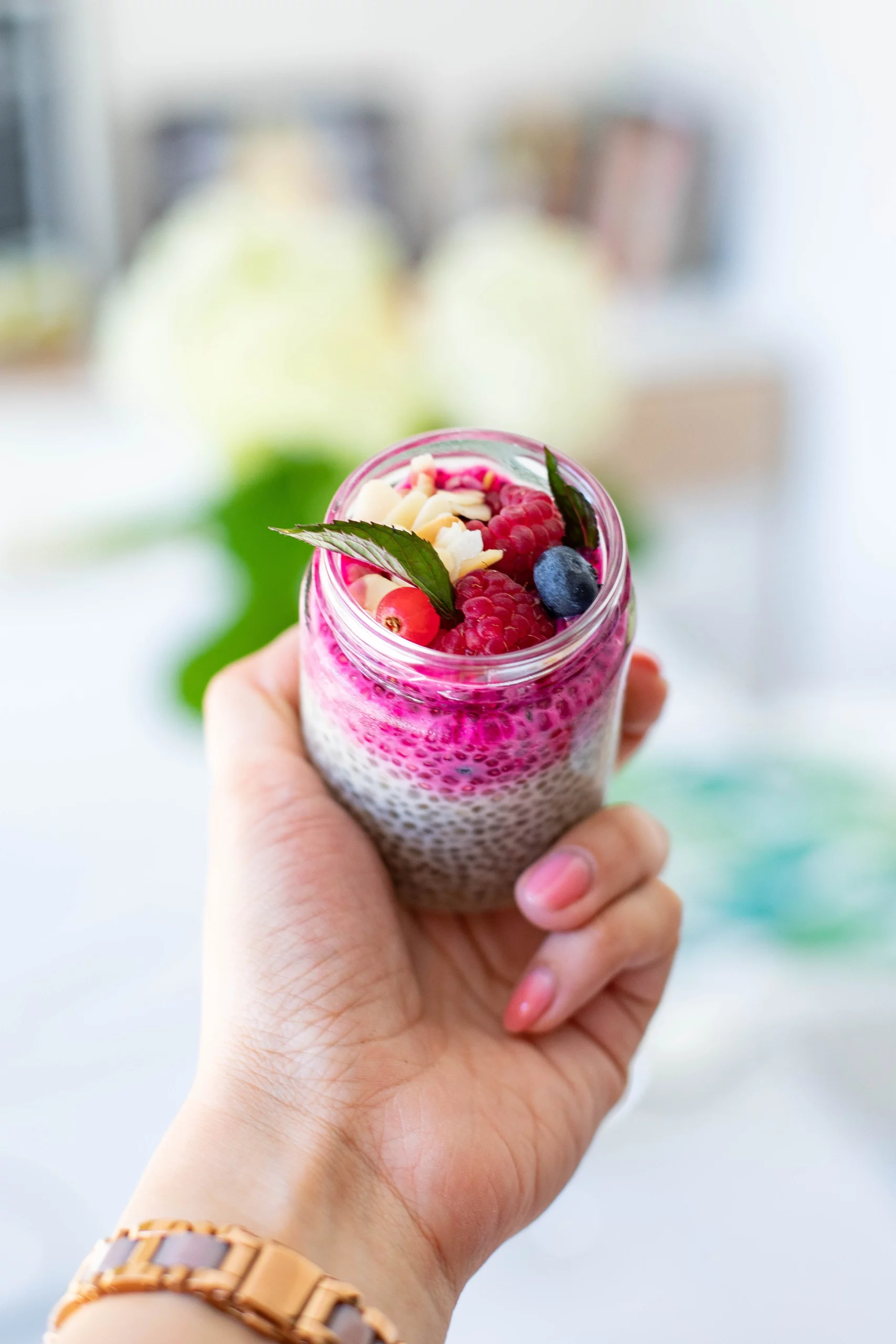 Raspberry Chia Seed Paletas: Muddle fresh raspberries with chia seeds and water or light coconut milk. The chia seeds create a fun, jam-like texture and add a punch of Omega-3 fatty acids. These beautiful, bright red popsicles are high in fiber and low in sugar.