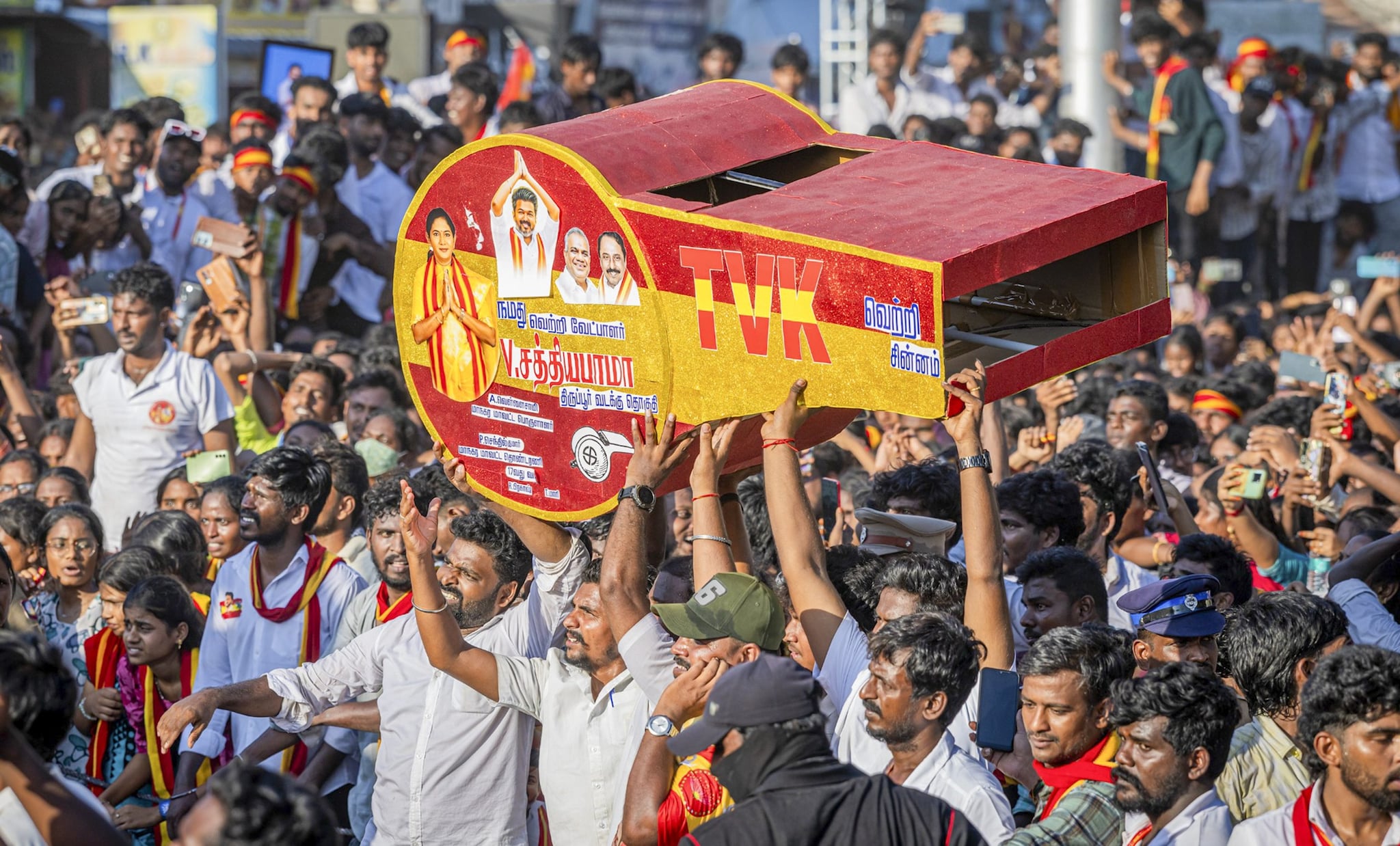 When Tamilaga Vettri Kazhagam was officially launched in 2024, Vijay’s debut political speech leaned heavily on themes that had long existed in his films: sacrifice, gratitude, women’s safety, emotional loyalty, and the promise of a protective ‘anna’ or ‘elder brother’ figure. (PTI)