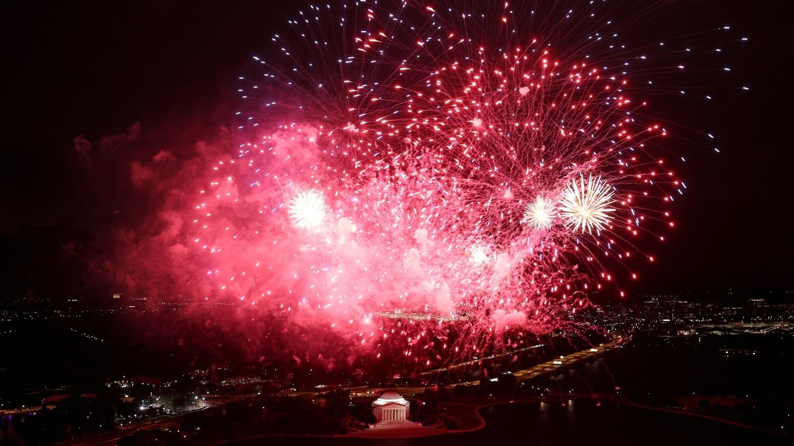 WASHINGTON, DC - JUNE 15: Fireworks explode in the air over the National Mall at the conclusion of UFC Freedom 250 which is being held on the South Lawn of the White House on June 15, 2026 in Washington, DC. President Trump is hosting a series of Ultimate Fighting Championship matches on his 80th birthday, which the White House is calling "a once-in-a-generation celebration of the American fighting spirit.” Win McNamee/Pool via REUTERS