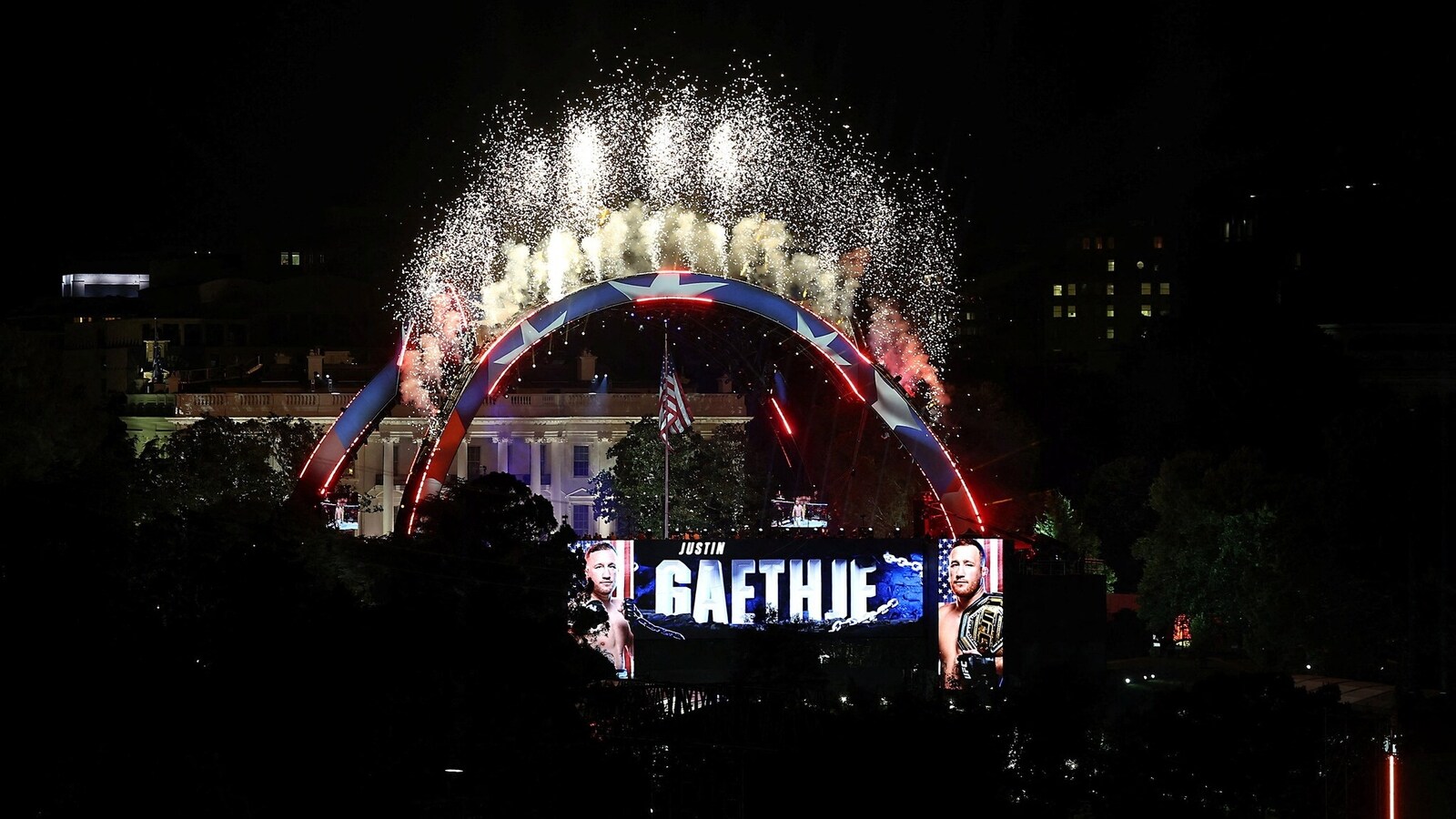 WASHINGTON, DC - JUNE 15: Fireworks shoot into the air over UFC Freedom 250 as Justin Gaethje walks out of the White House for a lightweight title bout against Ilia Topuria on the South Lawn of the White House on June 14, 2026 in Washington, DC. President Trump is hosting a series of Ultimate Fighting Championship matches on his 80th birthday, which the White House is calling "a once-in-a-generation celebration of the American fighting spirit.” Kevin Dietsch/Pool via REUTERS