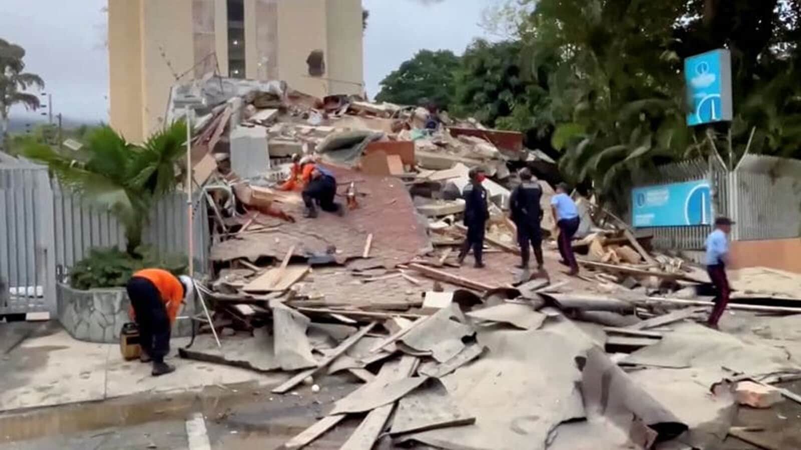 Emergency services work at the site of a collapsed building after a strong earthquake shook north-central Venezuela on Wednesday afternoon, in Caracas, Venezuela, June 24, 2026, in this screengrab from video. REUTERS TV/via REUTERS