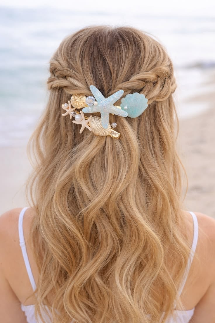 7. Ocean-Inspired Barrettes: Clip back unruly face-framing layers with oversized seashell or pearl barrettes. By strategically pinning back one side of your hair behind your ear, you embrace a trendy, textured beach-wave aesthetic that completely distracts from frizzy, humid summer mornings.