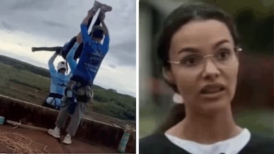 Snapshot of video of Bazilian student’s 130-foot Bungee jump fall and Nurse Rayza Dias. (Source: X)