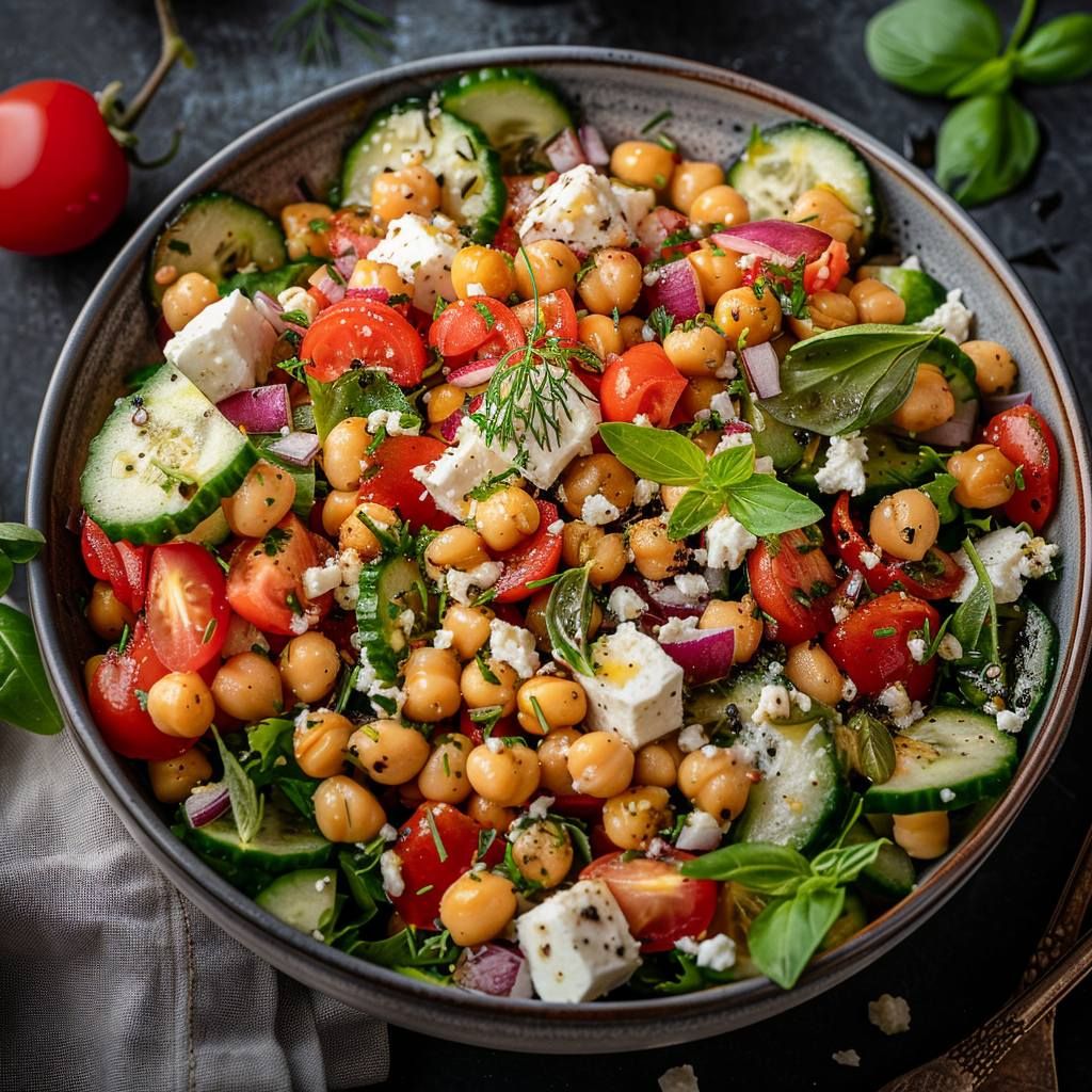 Greek Chickpea Crunch: Hydrating bell peppers, cucumbers, and cherry tomatoes are combined with hearty chickpeas, kalamata olives, and red onion. Tossed in a lemon-herb vinaigrette, this salad provides excellent hydration alongside a solid boost of plant-based protein and gut-healthy fiber.