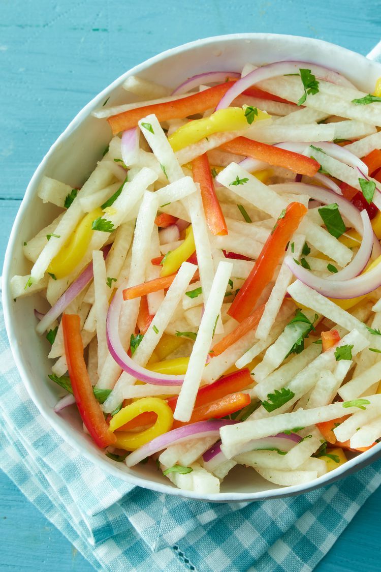 Jicama Mango Slaw: Hydrating, crunchy jicama is julienned and tossed with sweet mango, shredded cabbage, and fresh cilantro. Finished with a squeeze of fresh lime juice and a pinch of chili powder, this tropical salad is incredibly refreshing and packed with fiber.