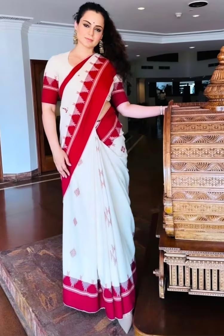 Kotpad: The actress looked elegant in the white and red drape. The Kotpad of Odisha is one of the rare tribal textiles of India. Each Kotpad saree is handwoven and features motifs like crabs, fish, birds and tribal patterns. (Image: X) Kotpad: The actress looked elegant in the white and red drape. The Kotpad of Odisha is one of the rare tribal textiles of India. Each Kotpad saree is handwoven and features motifs like crabs, fish, birds and tribal patterns. (Image: X)