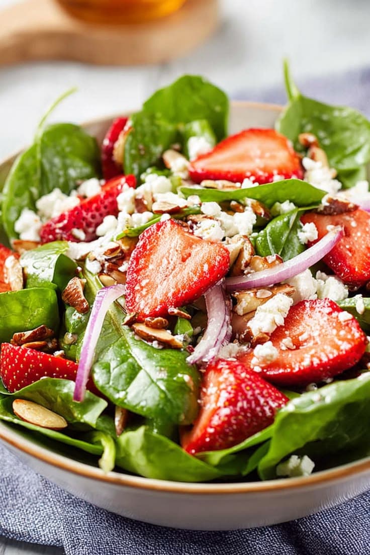 Strawberry Spinach Salad: Fresh baby spinach leaves are tossed with sweet, hydrating sliced strawberries, crunchy pecans, and creamy goat cheese. Drizzled with a light poppyseed vinaigrette, this vibrant salad offers a delightful mix of vitamins, healthy fats, and refreshing summery sweetness.