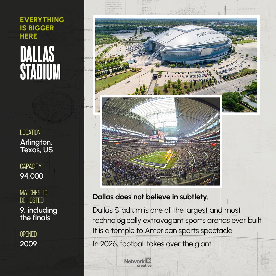 Dallas Stadium is one of the largest and most technologically extravagant sports arenas ever built. It is a temple to American sports spectacle.