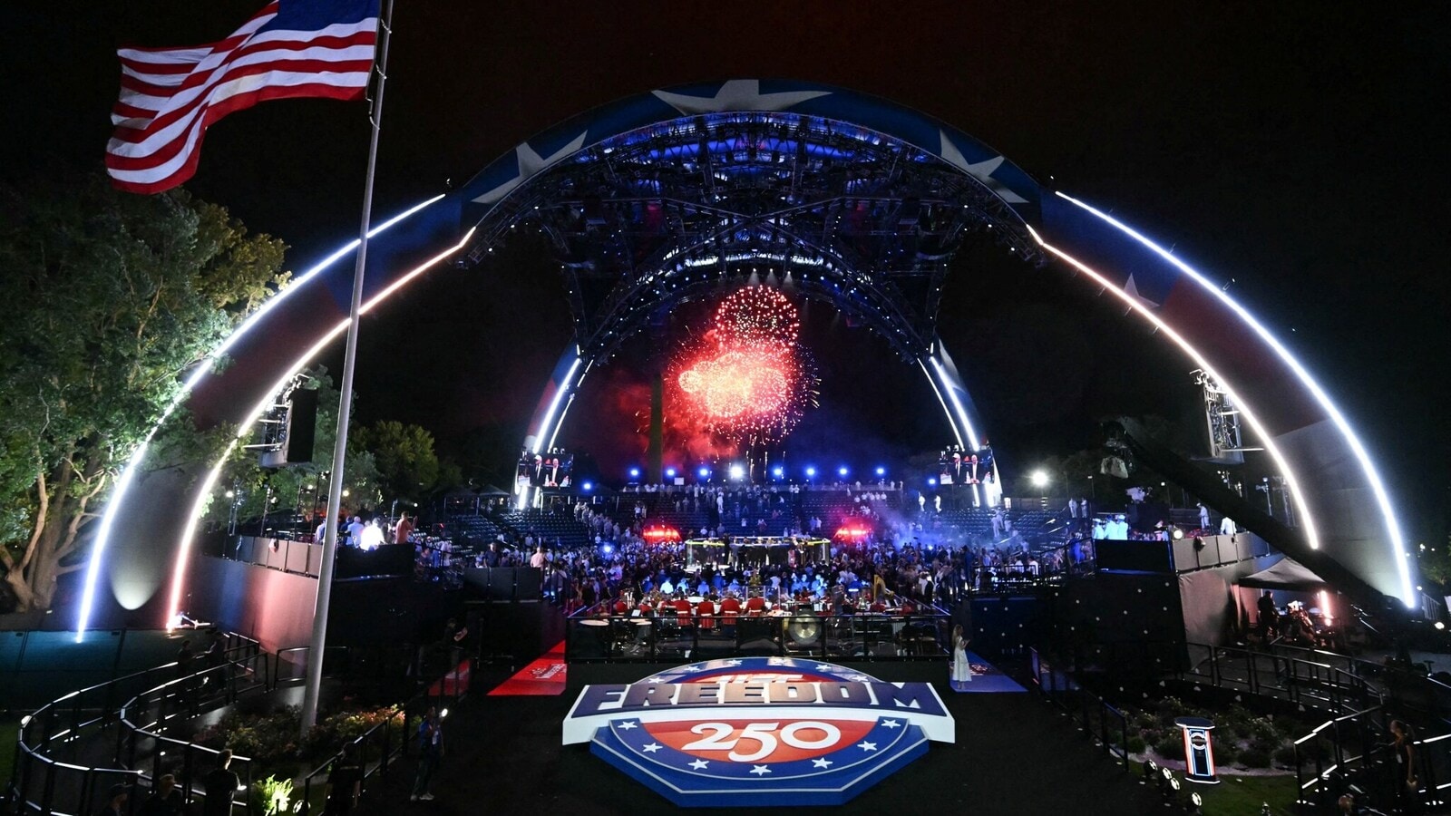 Fireworks go off as America's Justin Gaethje celebrates after defeating Ilia Topuria during "UFC Freedom 250" mixed martial arts event on the South Lawn of the White House in Washington, DC, in the early morning hours of June 15, 2026. SAUL LOEB/Pool via REUTERS