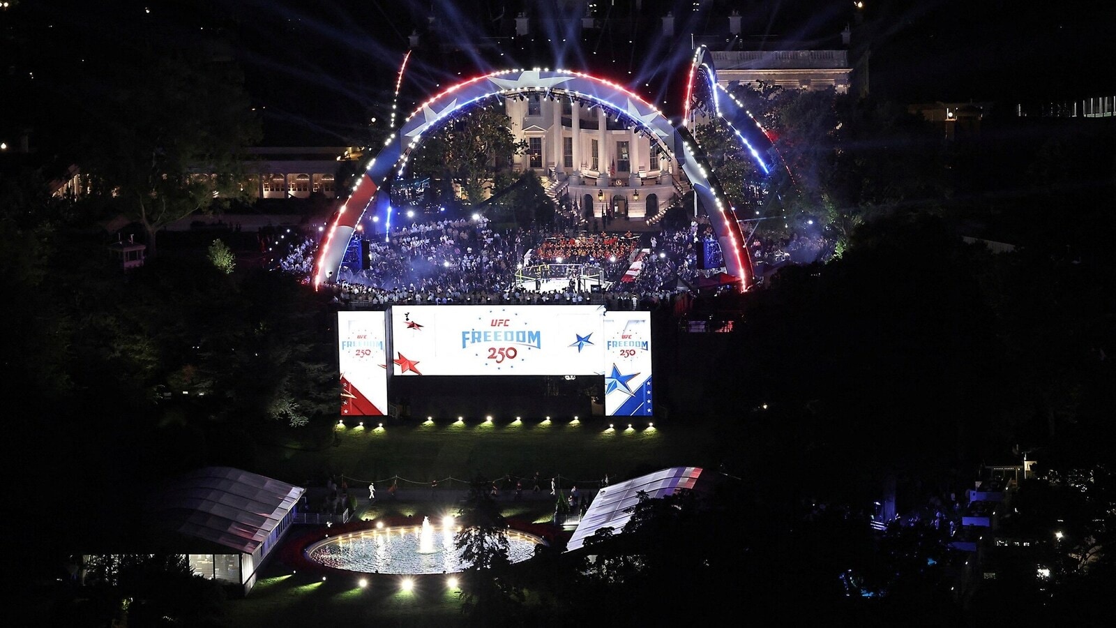 WASHINGTON, DC - JUNE 15: UFC Freedom 250 is seen on the South Lawn of the White House on June 15, 2026 in Washington, DC. President Trump is hosting a series of Ultimate Fighting Championship matches on his 80th birthday, which the White House is calling "a once-in-a-generation celebration of the American fighting spirit.” Win McNamee/Pool via REUTERS