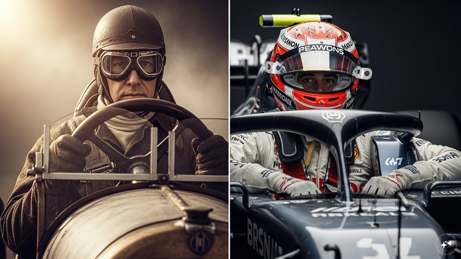 From no helmets in 1906 to advanced fireproof suits and halo systems today, driver safety has drastically improved. (AI photo)