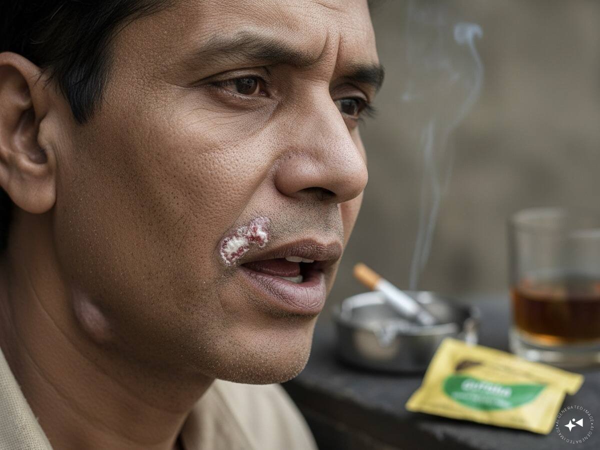 Additional symptoms may include lumps in the neck or throat, loose teeth or gums, numbness of the lips or tongue, and the appearance of white or red spots inside the mouth or on the tongue. Some people may also experience changes in their voice. According to Dr Sarin, tobacco use, smoking and gutkha are responsible for most cases, while alcohol consumption and human papillomavirus (HPV) infection can also increase the risk. (AI Image)
