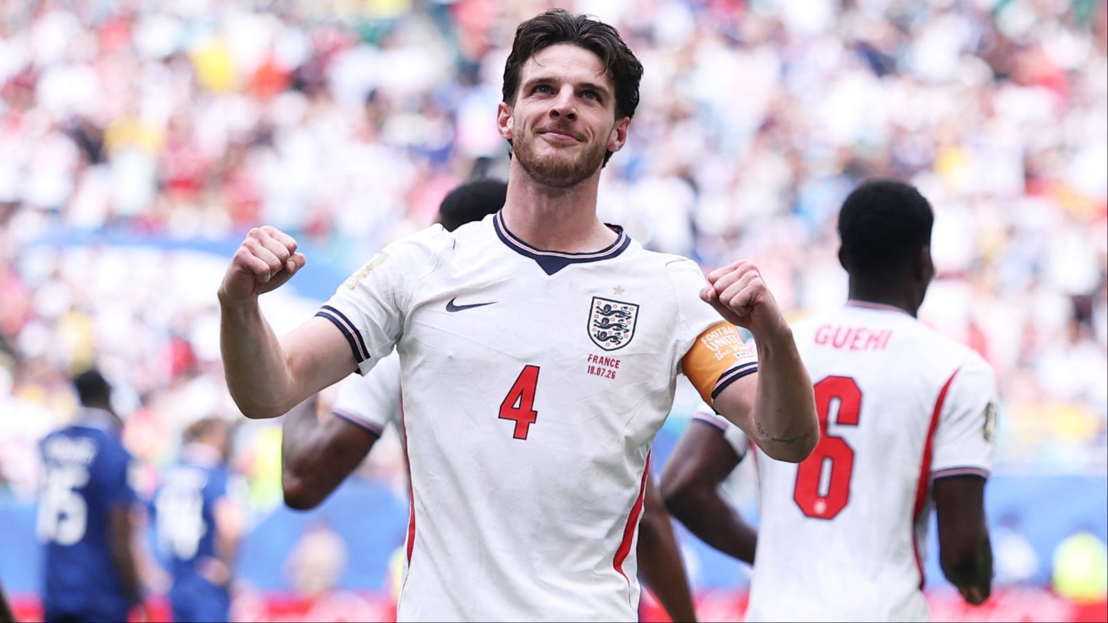 Declan Rice celebrates after scoring England's opening goal vs France. Declan Rice celebrates after scoring England's opening goal vs France.