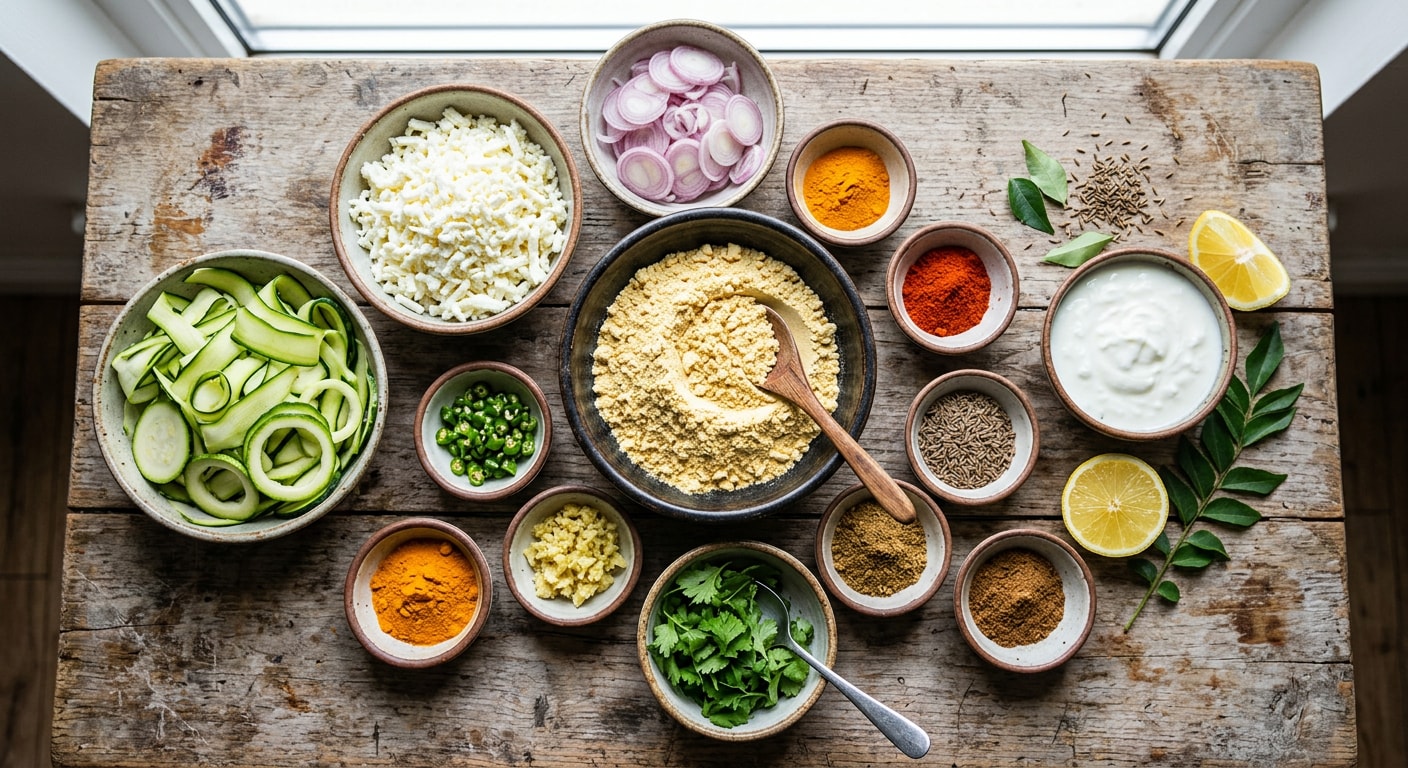 Ingredients: ½ zucchini, thinly sliced; ½ cup besan (gram flour); 10 g paneer, grated (or more, if desired); 5 shallots, thinly sliced; ½-inch ginger, grated; 1 green chilli, finely chopped; ¼ tsp ajwain (carom seeds); ¼ tsp turmeric powder; ½ tsp Kashmiri red chilli powder; ¼ tsp cumin powder; ½ tsp kasuri methi (optional), crushed; 1-2 tbsp curd; ½ tbsp chopped fresh coriander; 1 tsp lemon juice; salt to taste; water, as needed; 1 tsp oil