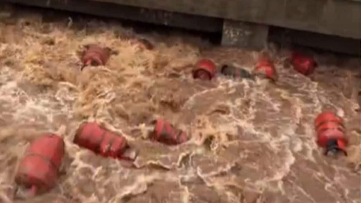 Video: 3,000 LPG Cylinders Swept Into Patalganga River After Heavy Rain