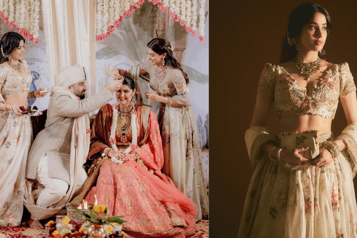 Janhvi Kapoor Stuns In A Dreamy Floral Anamika Khanna Lehenga For Half-Sister Anshula Kapoor's Wedding