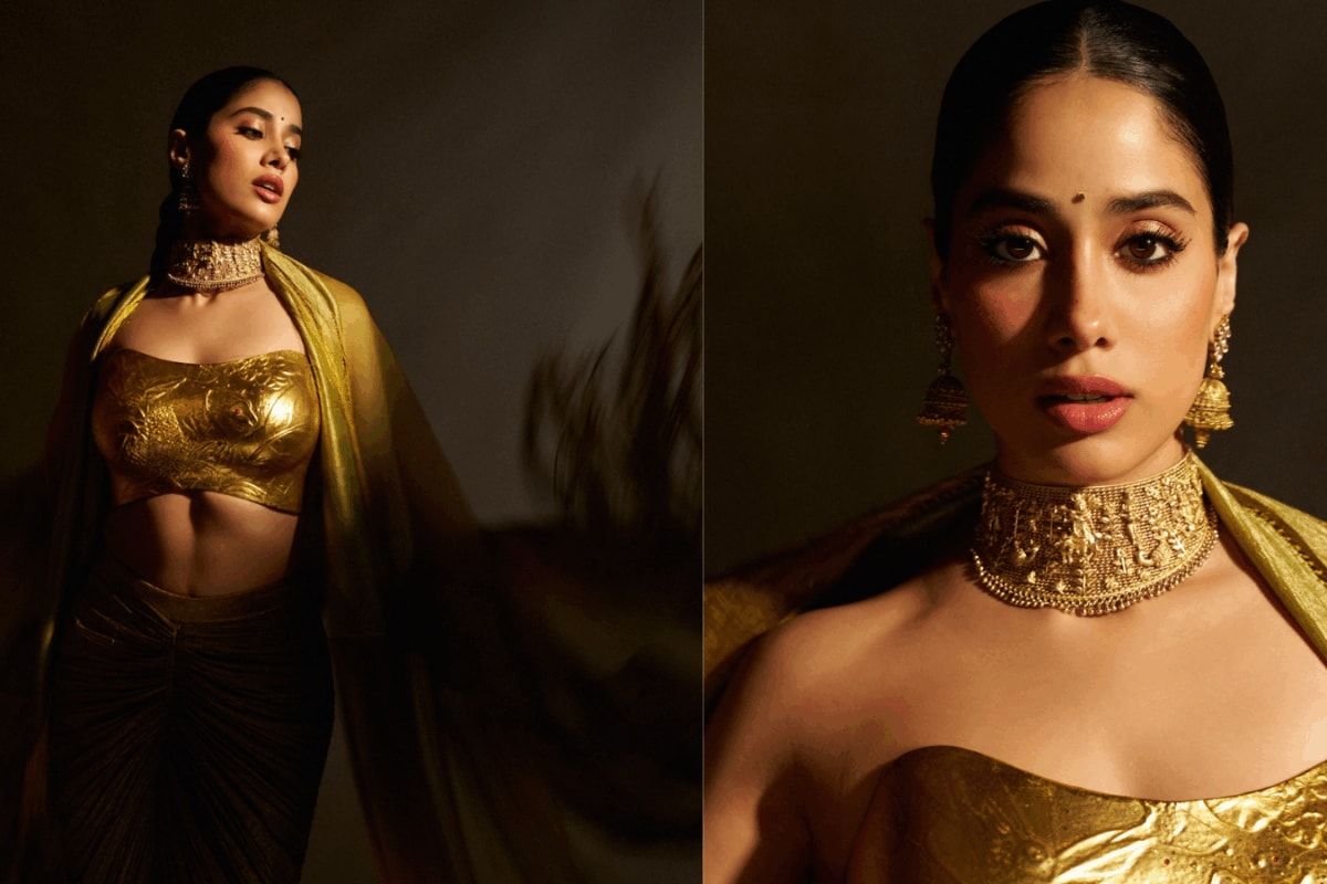 Janhvi Kapoor's 24K Gold Bustier at Akansha Ranjan Kapoor's Sangeet Is Wedding Guest Fashion Done Right
