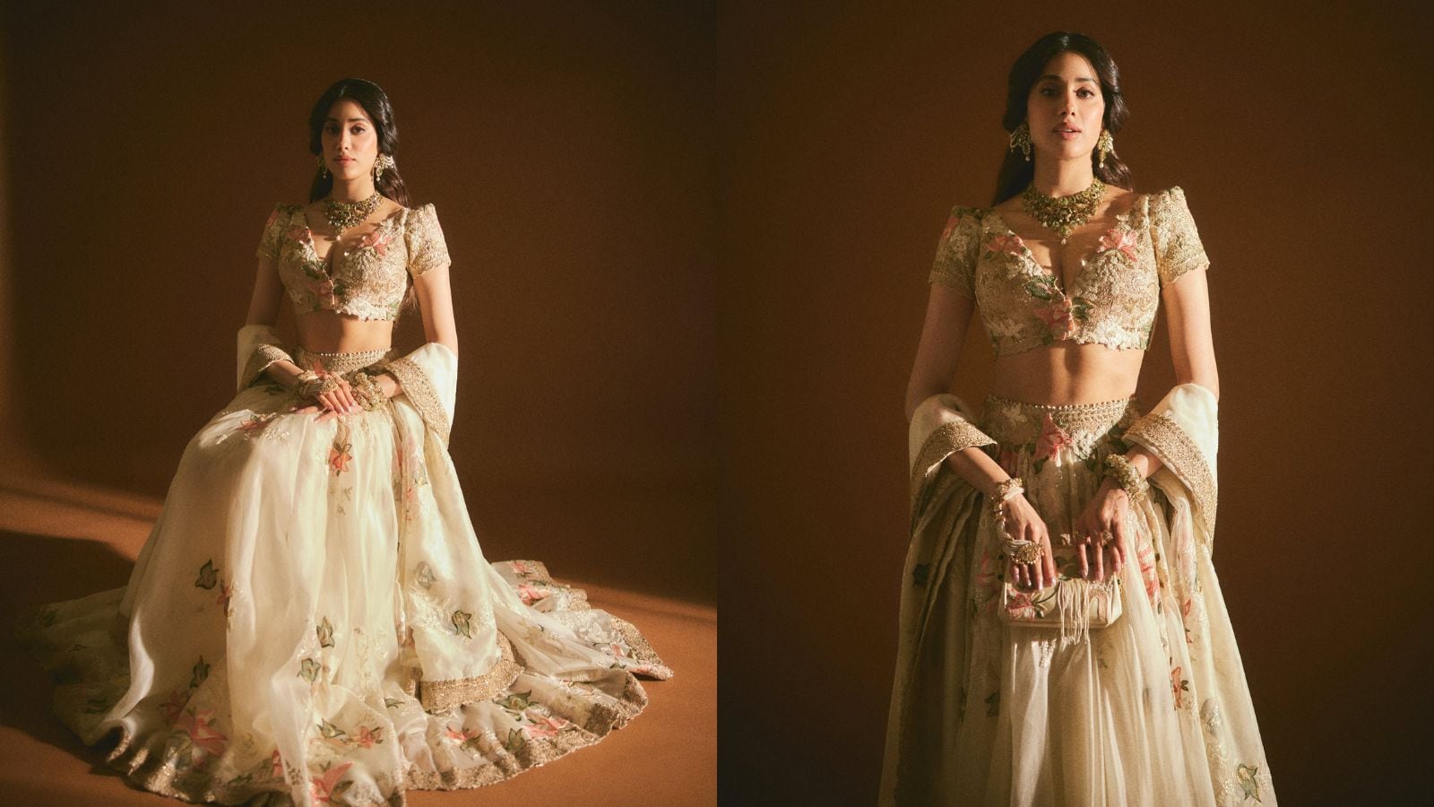 Janhvi Kapoor's look leaned into an old-world, sepia-toned romance — an ivory Anamika Khanna lehenga in sheer organza, its skirt scattered with hand-painted and embroidered florals in coral and sage that trailed down in loose, watercolour-like clusters rather than a dense repeating pattern. The blouse carried the same handwork, a heavily embroidered bodice with scalloped edges and a deep V-neckline, its floral appliqué picking up the coral tones of the skirt, while a matching dupatta with a beaded gold border completed the silhouette in a soft, trailing drape.