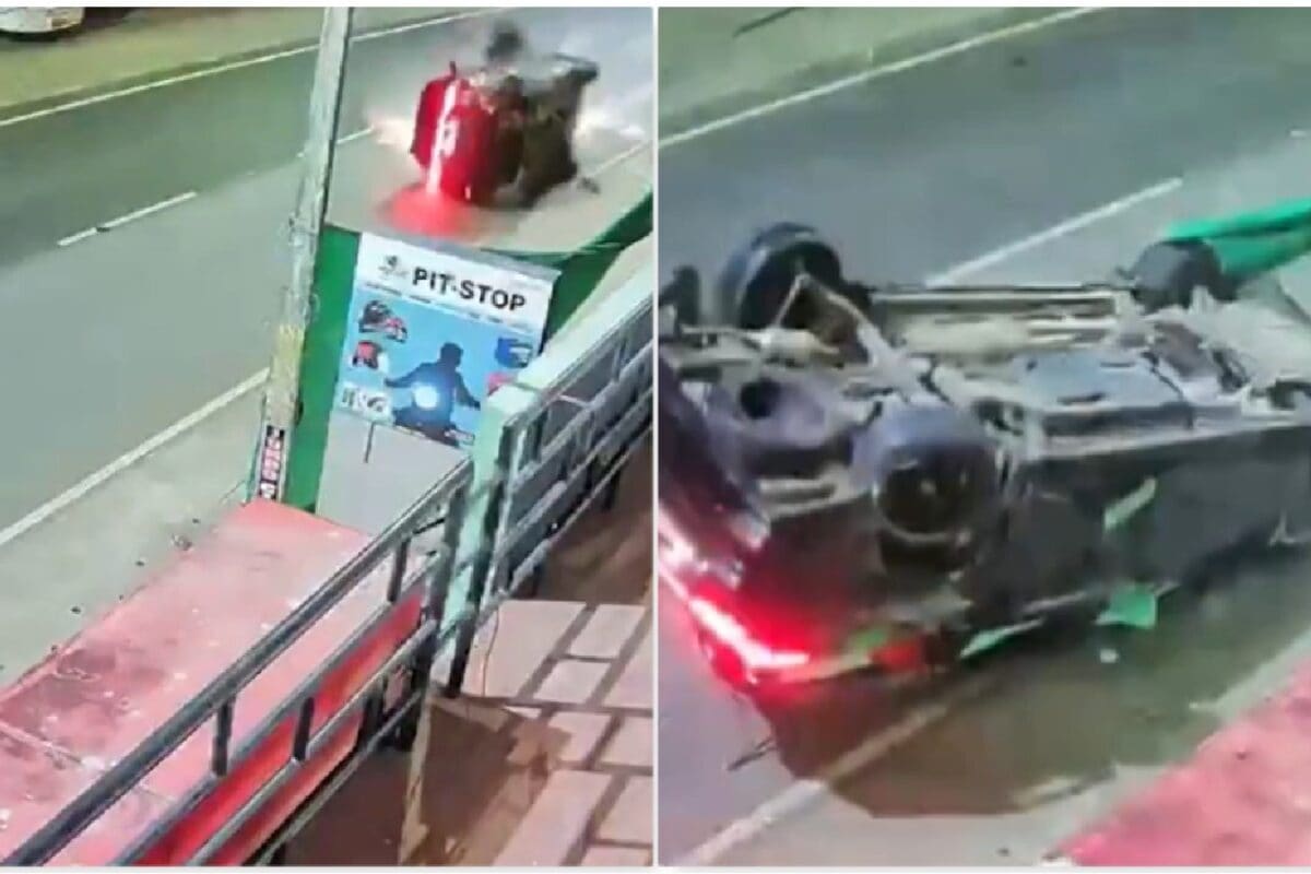 Car Turns Turtle, Crashes Into 'Pit-Stop' Sign After Hitting Pole In Kerala | Video