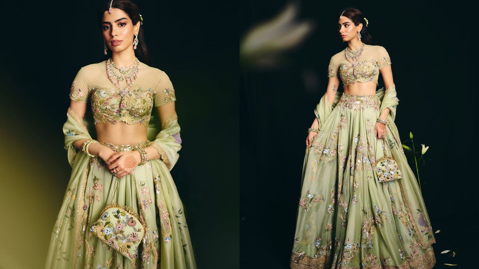 Khushi Kapoor's look was a soft counterpoint to the heavier bridal ensembles of the day — a pistachio-green Anamika Khanna lehenga awash in delicate multicoloured floral embroidery, with sprays of pink, lilac, and blue blooms threaded across the skirt and dupatta over a sheer net blouse. The net sleeves and bodice, worked in the same floral thread and finished with a scalloped gold border, gave the piece a light, garden-party quality rather than the density of full zardozi work, while the pleated skirt's hem carried a heavier sequinned gold border to ground the palette.