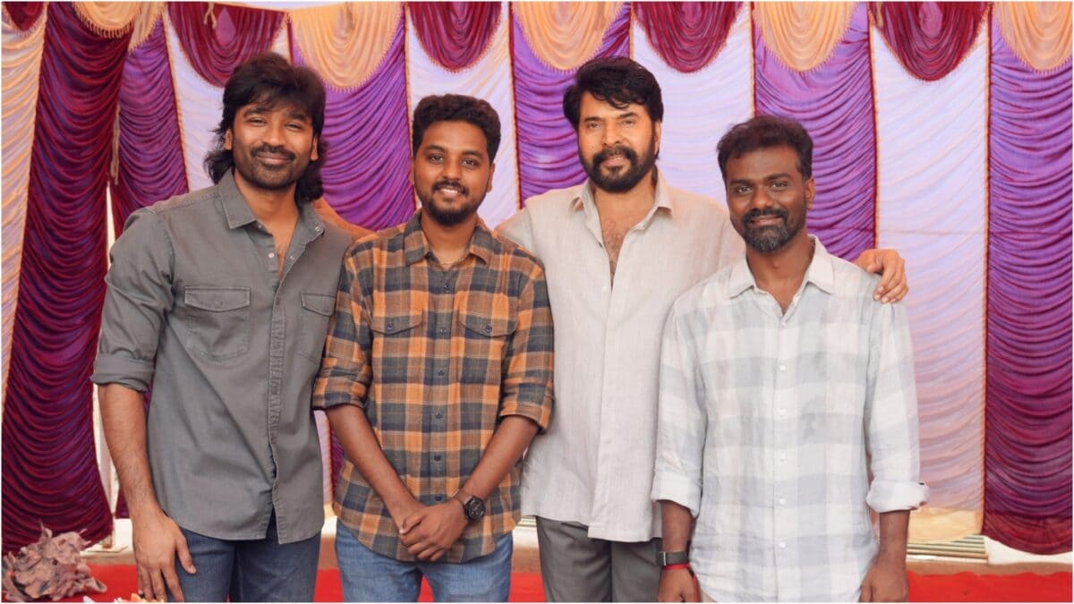 Mammootty and Dhanush cut cake on set to mark National Awards