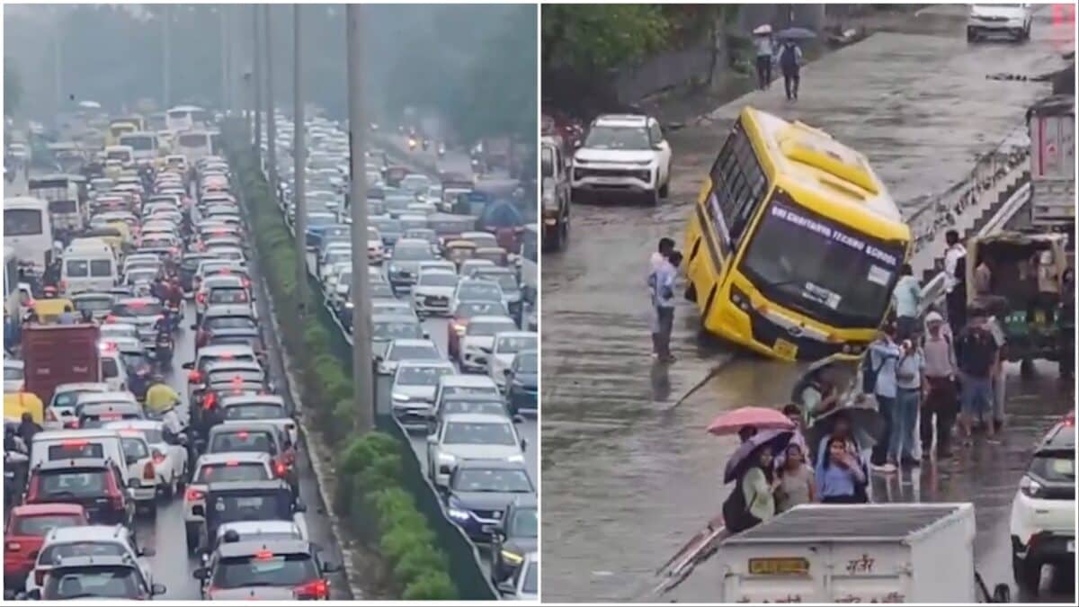 Gurugram Battles Rain Mayhem, Urges Work From Home Amid Kilometres-Long Traffic Jam, Road Cave-Ins
