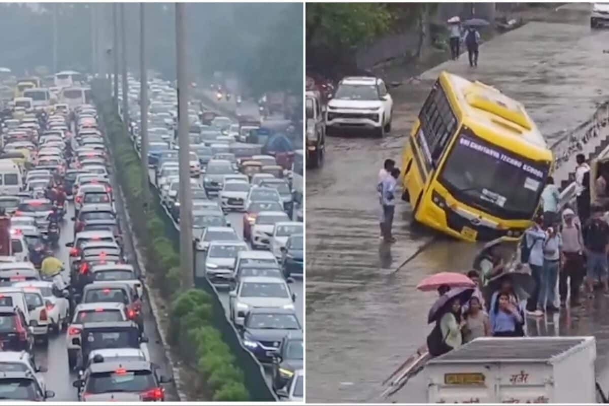 Gurugram Battles Rain Mayhem, Urges Work From Home Amid Kilometres-Long Traffic Jam, Road Cave-Ins