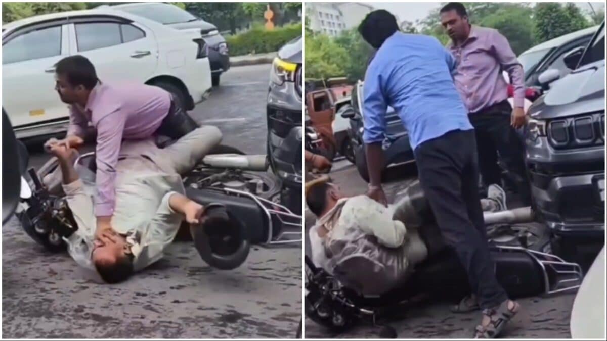 Gurugram Road Rage On Cam: Biker, Car Driver Trade Punches; Attack With Helmet After Collision