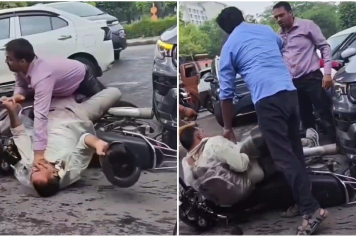 Gurugram Road Rage On Cam: Biker, Car Driver Trade Punches; Attack With Helmet After Collision