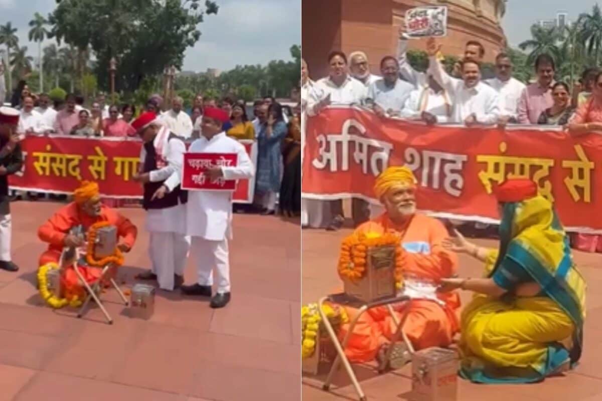 Saffron-Clad Pappu Yadav Enacts 'Chanda Chori' At Oppn Protest In Parliament Complex