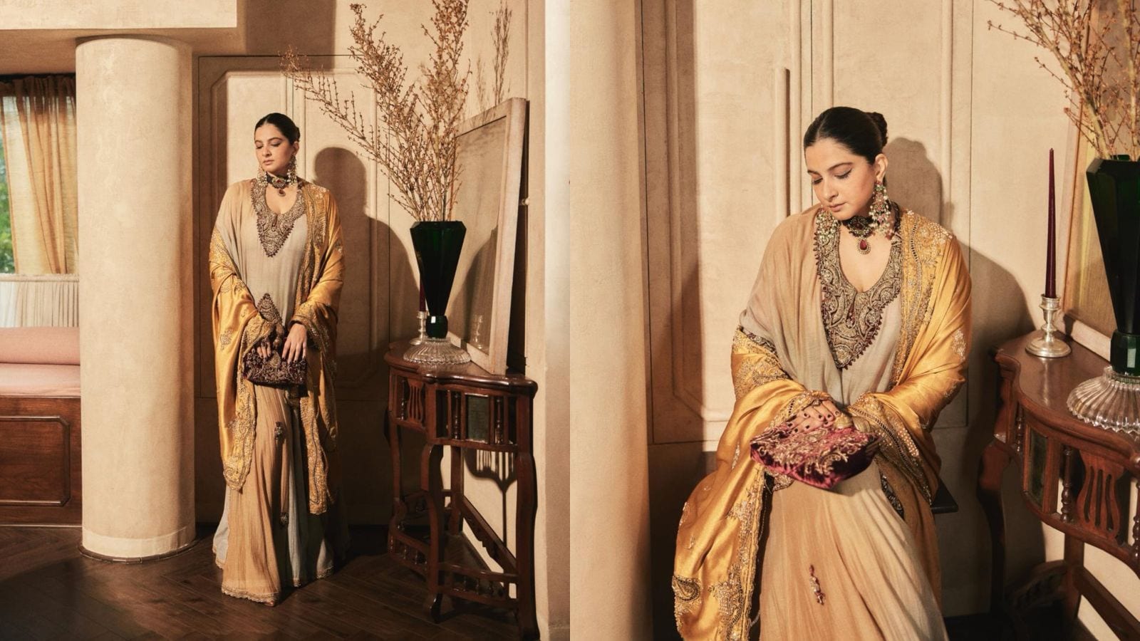 Rhea Kapoor's wedding look carried a story that no amount of embroidery could replicate — an Anamika Khanna ensemble built by repurposing her mother's antique kurta and dupatta. The result was a soft, muted palette of ivory and warm gold, with the kurta's neckline worked in dense heritage embroidery in deep maroon and gold thread, while a mustard-toned dupatta with an ornate paisley border was draped loosely over one shoulder, its worn-in richness a marker of the fabric's age and history.