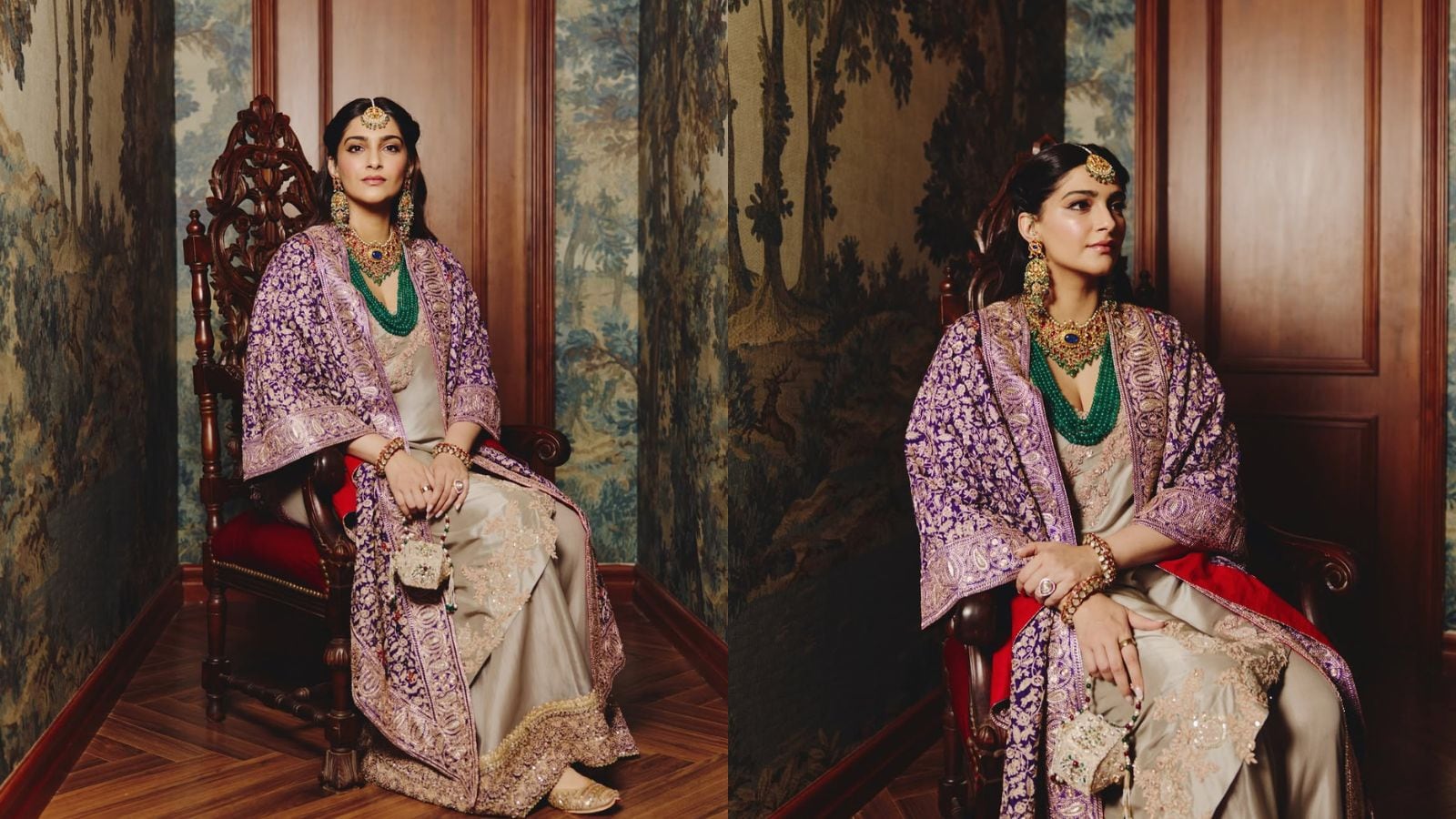 Her jewellery pulled from a jewel-toned palette that played off the cape's purple — a multi-layered emerald bead necklace sat beneath a heavier gold choker set with rubies and a central sapphire