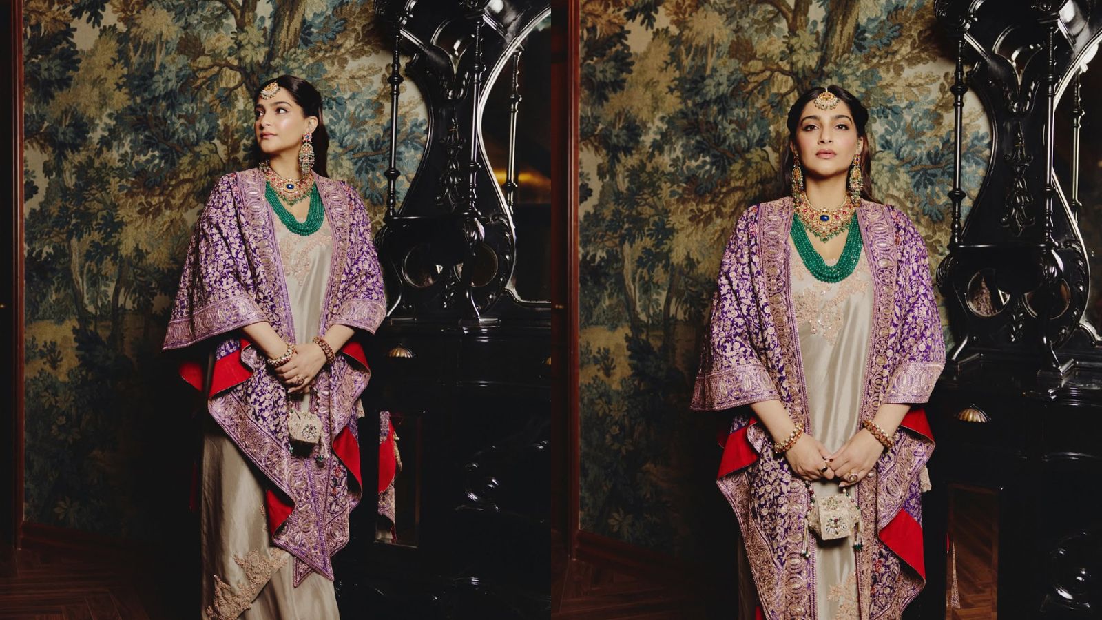 Sonam's look was anchored by a deep purple cape, its surface worked in intricate golden embroidery that reportedly took six months to complete