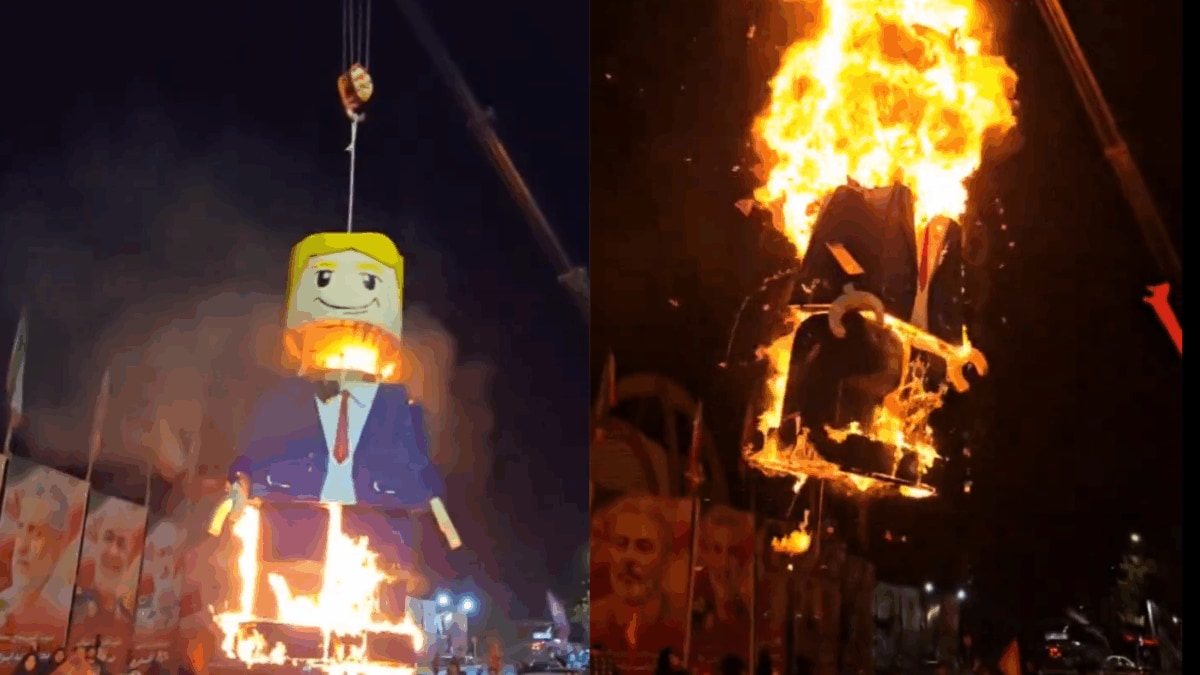 Huge LEGO Model Of Trump Hung From Crane, Set Ablaze At Khamenei's Funeral In Tehran | Video