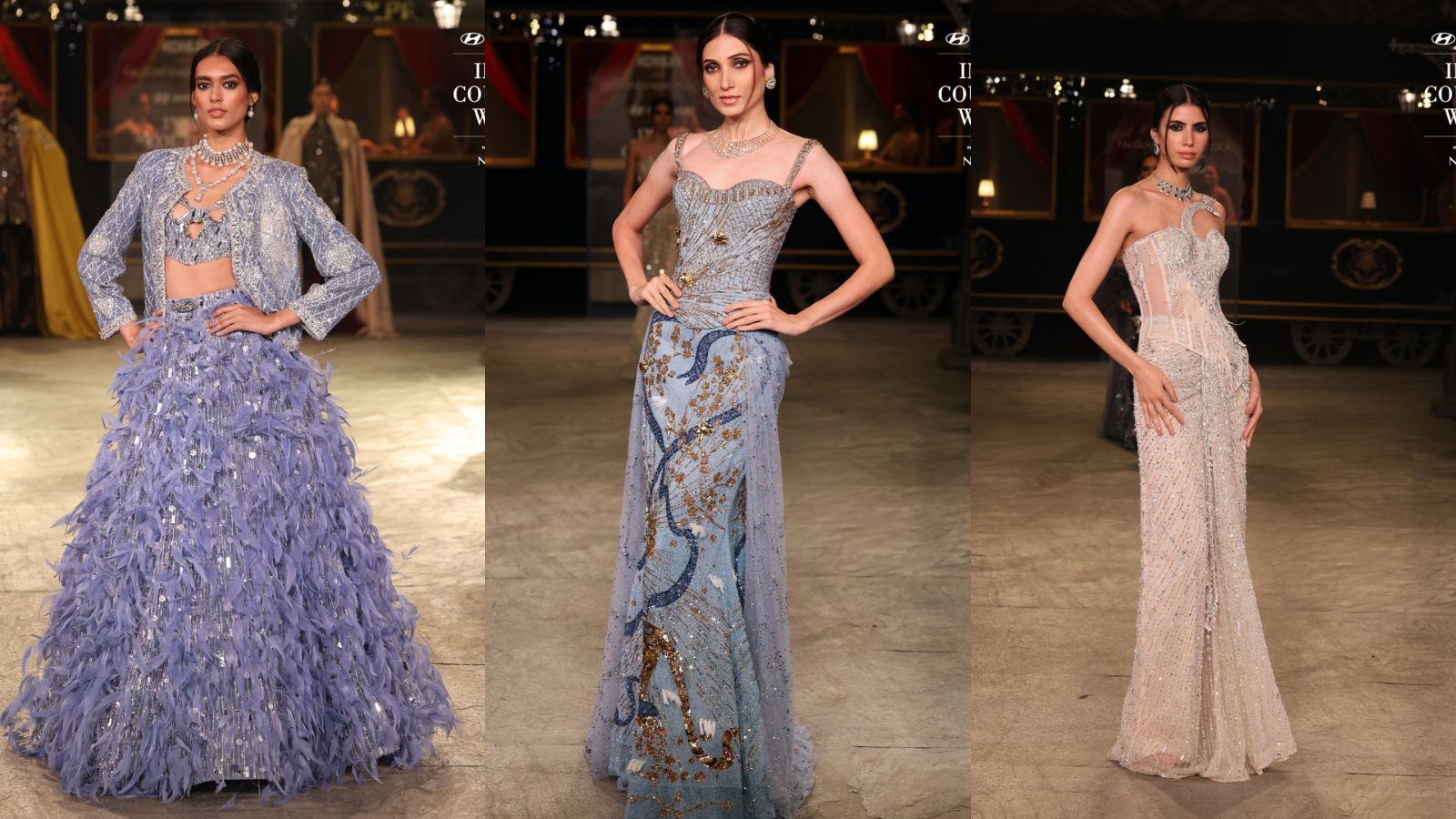 Falguni Shane Peacock's Le Grand Voyage, presented in partnership with Kohler was set against a recreated Orient Express carriage, gold-lettered windows, red velvet curtains and all.