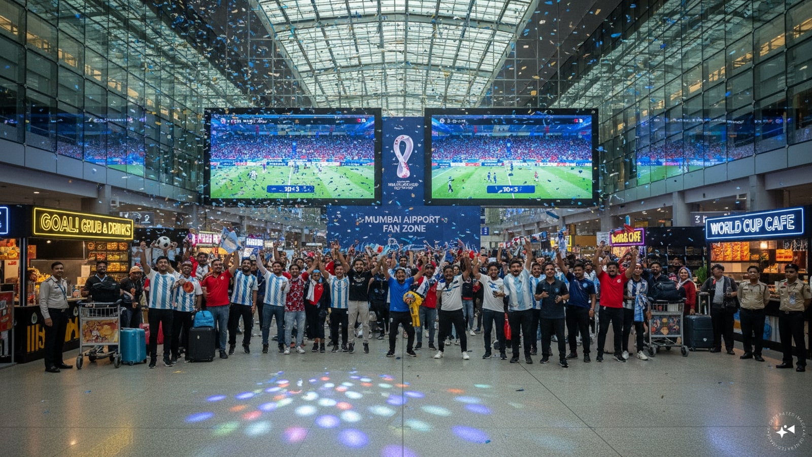 Beyond giant LED screens, Mumbai Airport has created a festive fan zone with football-themed décor and curated food and beverage options. The spacious terminals offer a comfortable alternative to crowded pubs and sports bars. (AI photo)